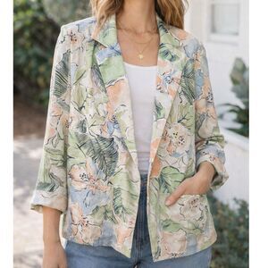 Vintage 90s Floral Blazer Womens Cottagecore Classic Directions Tropical Large